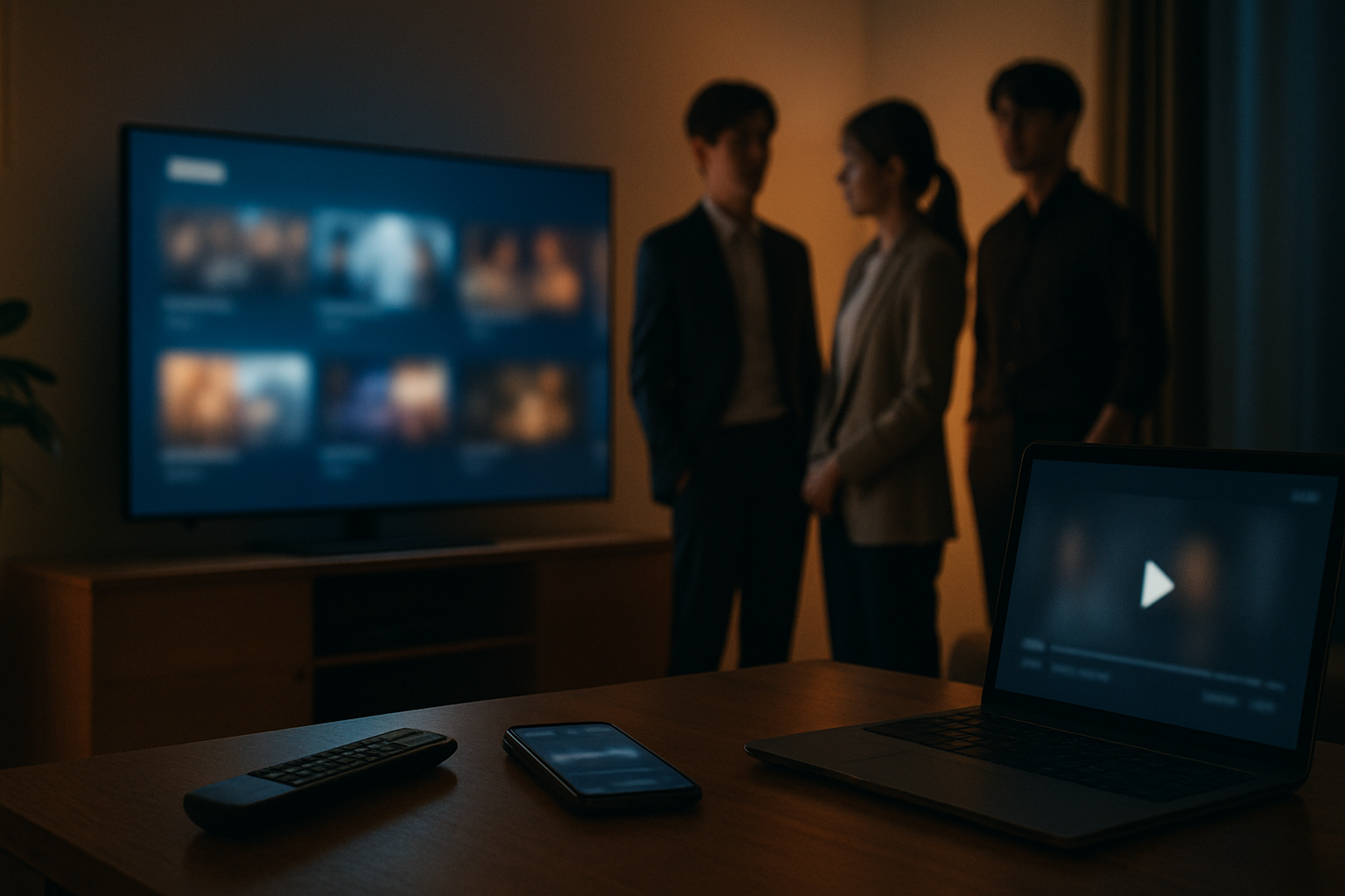 재방송과 출연진 확인을 떠올리게 하는 TV, 리모컨, 스트리밍 화면이 있는 거실 장면