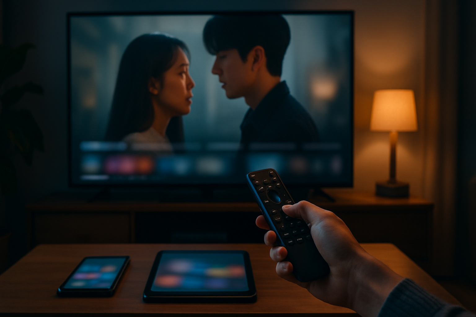 드라마 최종회 선공개를 보기 위해 리모컨을 든 채 TV를 바라보는 거실 장면