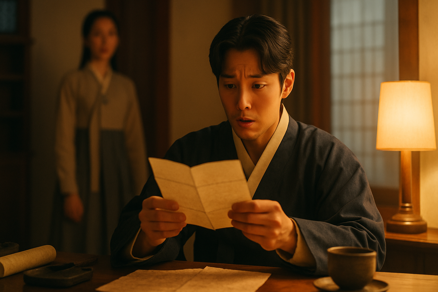 서찰을 들고 설레고 놀란 표정의 남성이 있는 드라마 선공개 분위기의 실사풍 장면