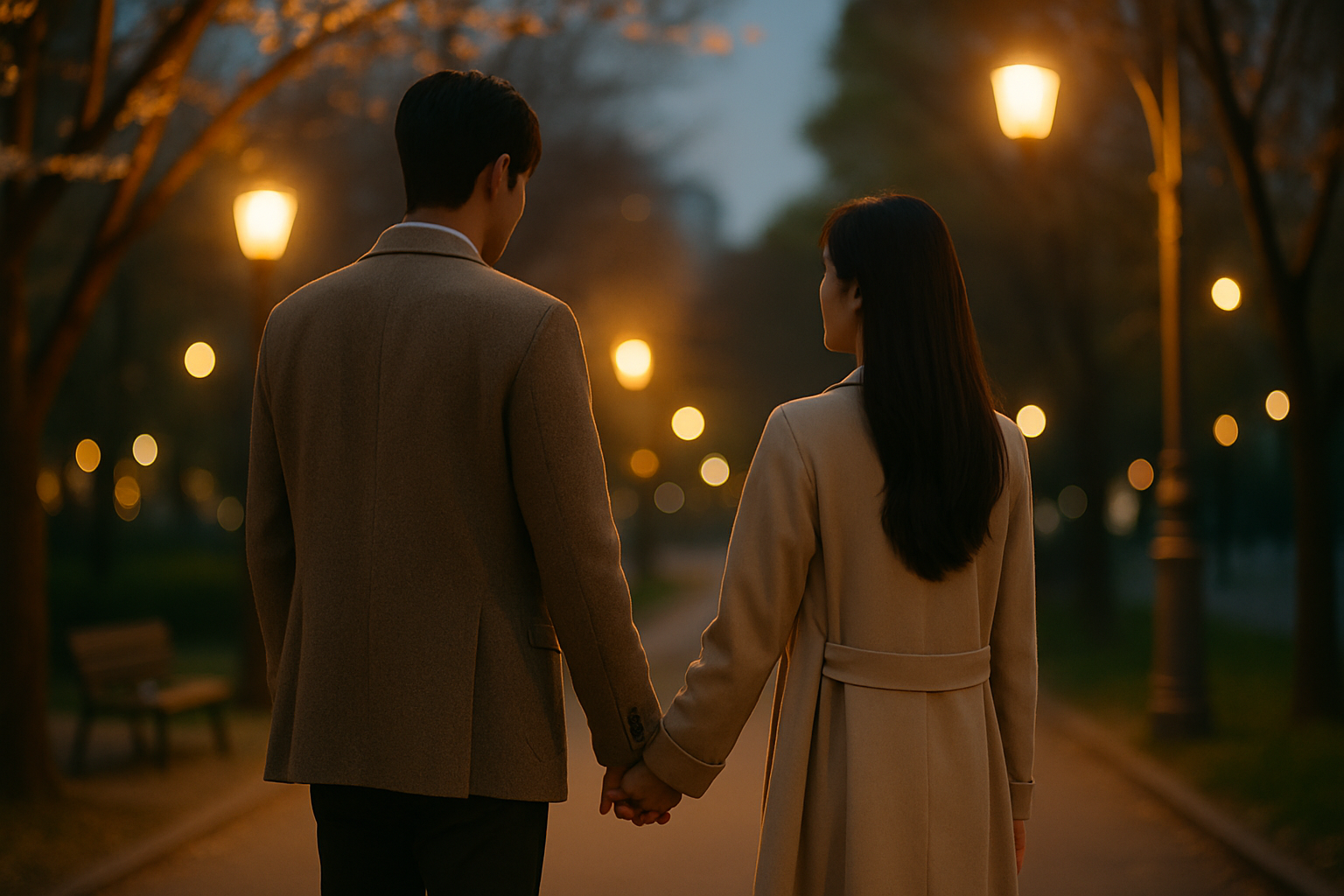 해질녘 공원에서 손을 잡고 걷는 두 사람의 로맨틱한 해피엔딩 데이트 분위기